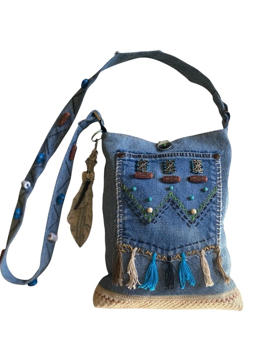 Handbags - Upcycled Boho Denim Tassel Crossbody Bag with Beads and Embroidery